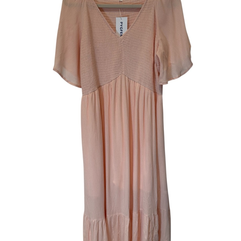 NWT Pink Lined Tiered Ruffled Midi Sundress w/ Flutter Sleeves & a Ruched Bodice